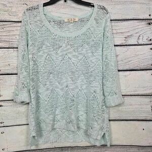 Pink Rose 1X Mint Green Open Knit Chevron Sweater